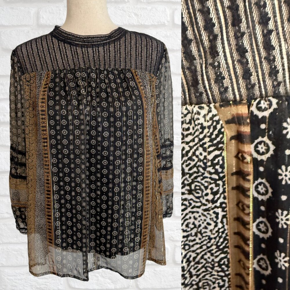 Lucky Brand Long Sleeve Black Gold Flowy Top Metallic Size Large Mockneck